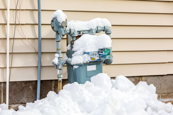 residential gas meter covered with snow and ice