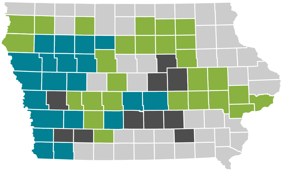 county map of Iowa displaying build status of the MidAmerican fiber broadband network