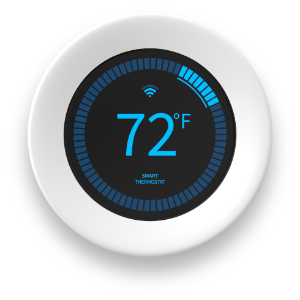 An unbranded smart thermostat digital screen displaying a temperature of 72 degrees Farenheit, isolated with a dropshadow and no background